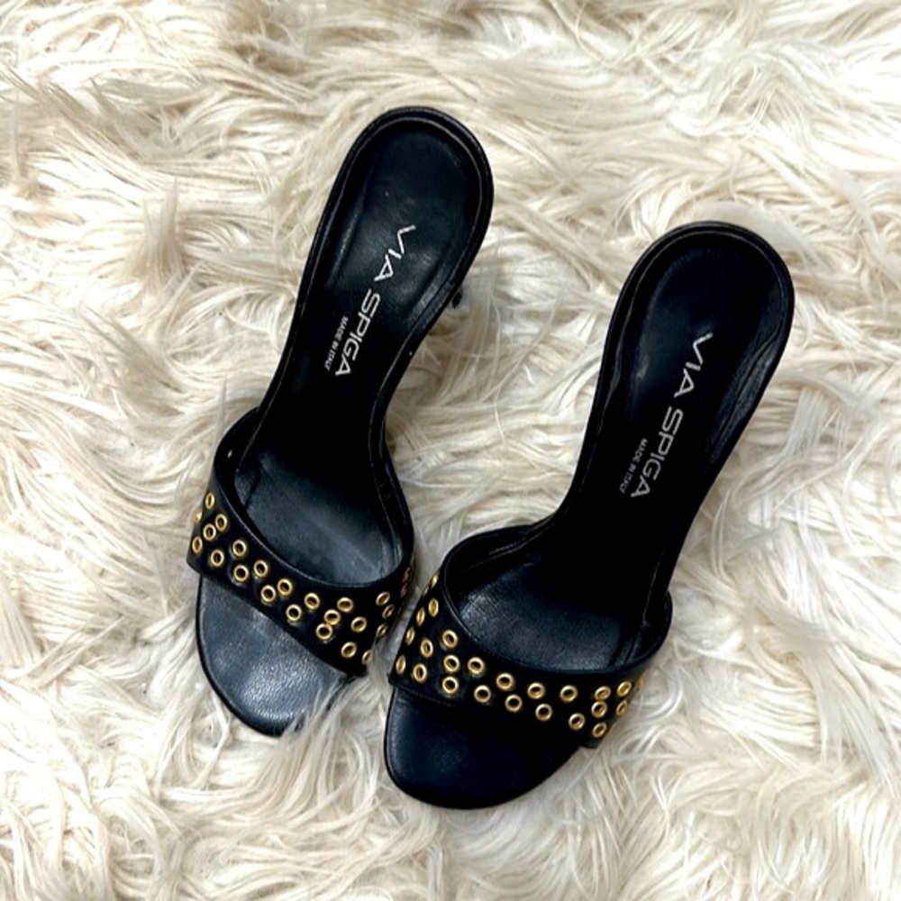 Via Spiga Black Heeled Slide Sandals with Gold Eyelets - Picture 8 of 10